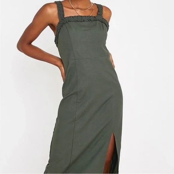 Urban Outfitters | Dresses | Urban Outfitters Olive Green Linen Scrunchy  Straps Maxi Dress | Poshmark
